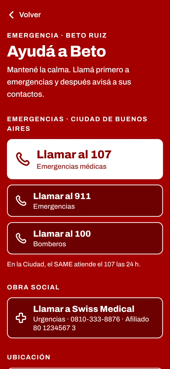 Pantalla SOS: llamar al 107, a la obra social y a los contactos